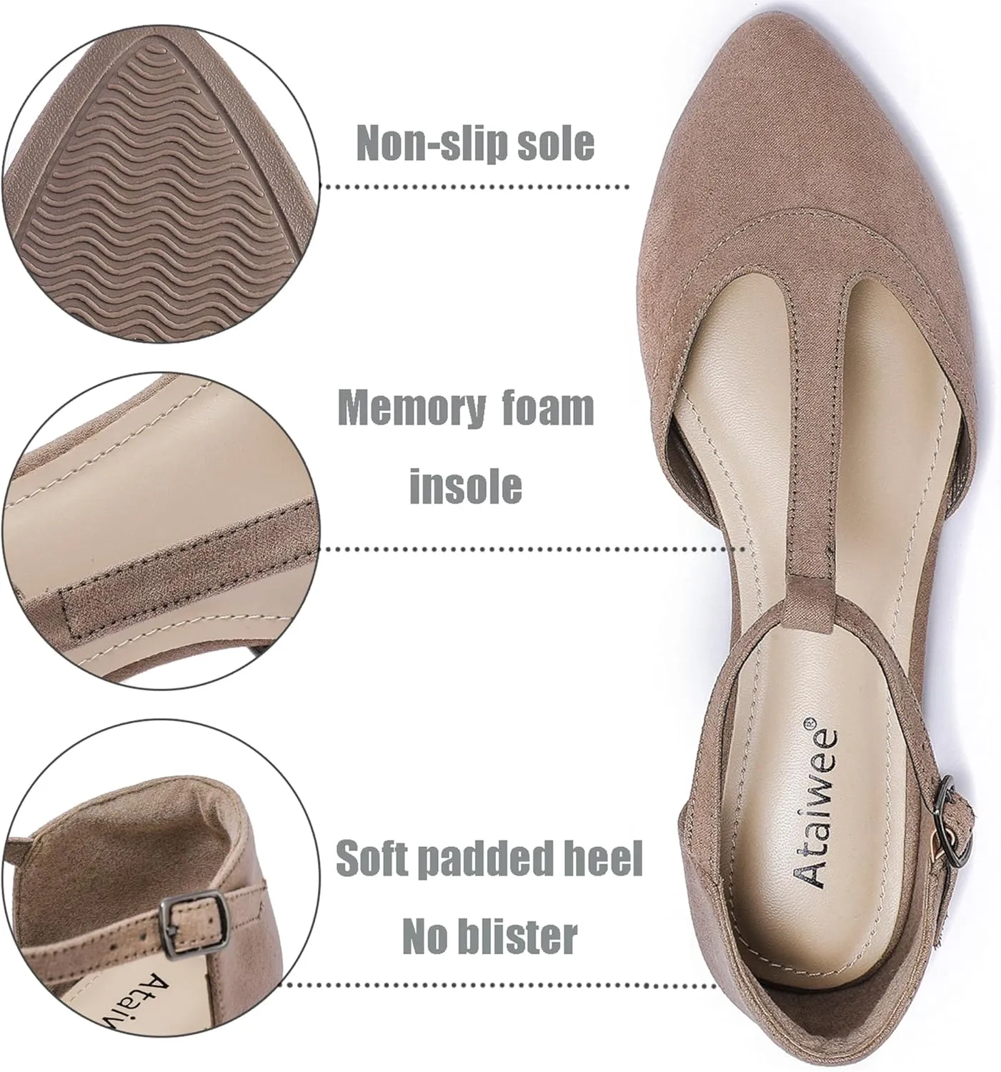 Ataiwee Women's Wide Flat Shoes - Pointed Ladies T-Strap Adjustable Summer Shoes.