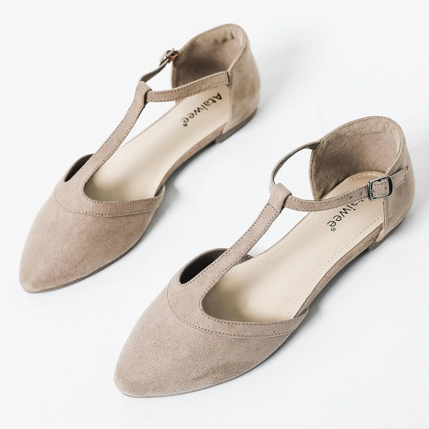 Ataiwee Women's Wide Flat Shoes - Pointed Ladies T-Strap Adjustable Summer Shoes.