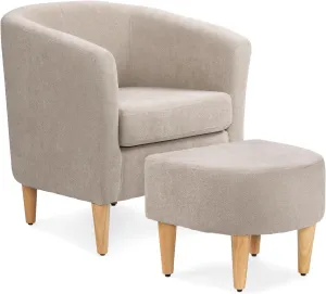 Athena Collection Modern Barrel Accent Chair with Ottoman, Furry Cozy Reading Arm Chair for Adults, Comfy Uphosltered Sofa Armchair with Footrest for Living Room, Bedroom, Small Space, Beige