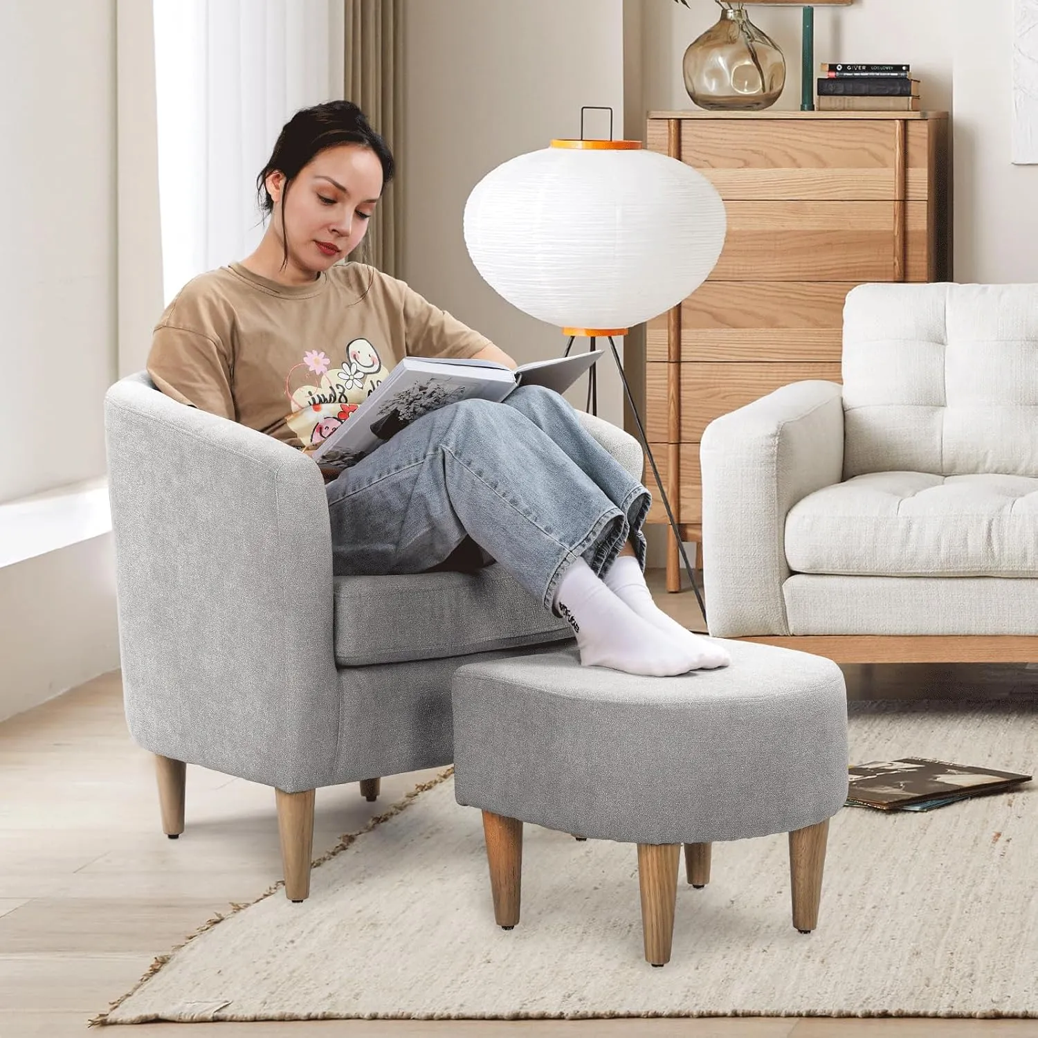 Athena Collection Modern Barrel Accent Chair with Ottoman, Furry Cozy Reading Arm Chair for Adults, Comfy Uphosltered Sofa Armchair with Footrest for Living Room, Bedroom, Small Space, Grey