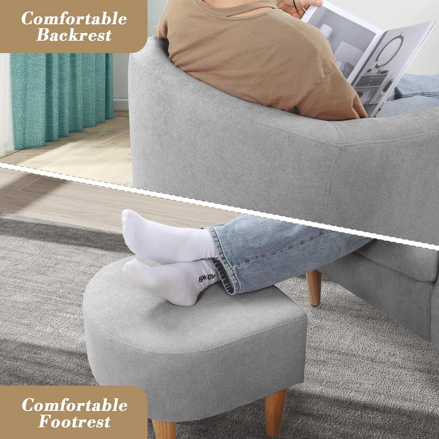 Athena Collection Modern Barrel Accent Chair with Ottoman, Furry Cozy Reading Arm Chair for Adults, Comfy Uphosltered Sofa Armchair with Footrest for Living Room, Bedroom, Small Space, Grey