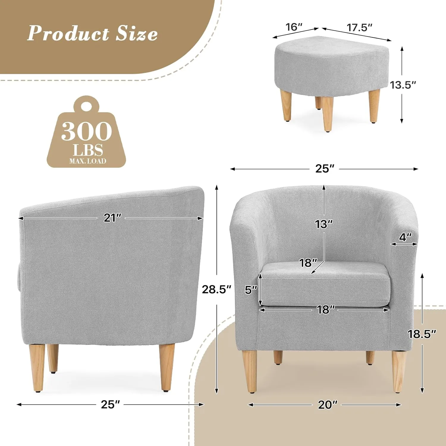 Athena Collection Modern Barrel Accent Chair with Ottoman, Furry Cozy Reading Arm Chair for Adults, Comfy Uphosltered Sofa Armchair with Footrest for Living Room, Bedroom, Small Space, Grey