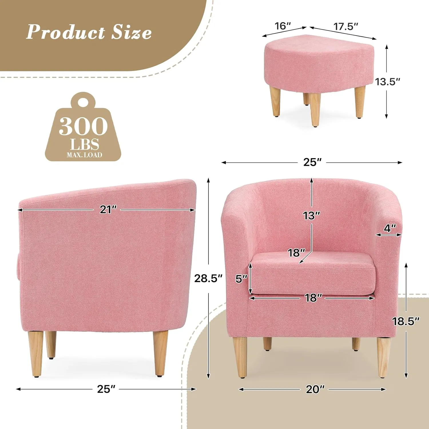 Athena Collection Modern Barrel Accent Chair with Ottoman, Furry Cozy Reading Arm Chair for Adults, Comfy Uphosltered Sofa Armchair with Footrest for Living Room, Bedroom, Small Space, Pink