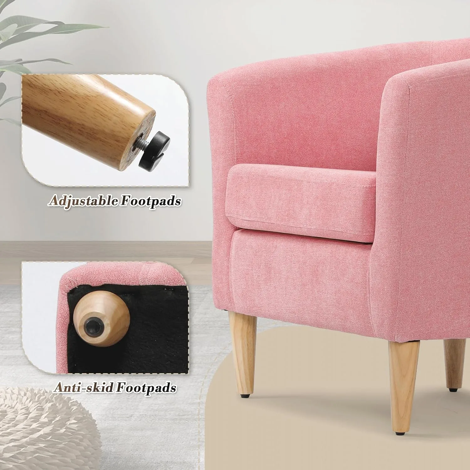 Athena Collection Modern Barrel Accent Chair with Ottoman, Furry Cozy Reading Arm Chair for Adults, Comfy Uphosltered Sofa Armchair with Footrest for Living Room, Bedroom, Small Space, Pink