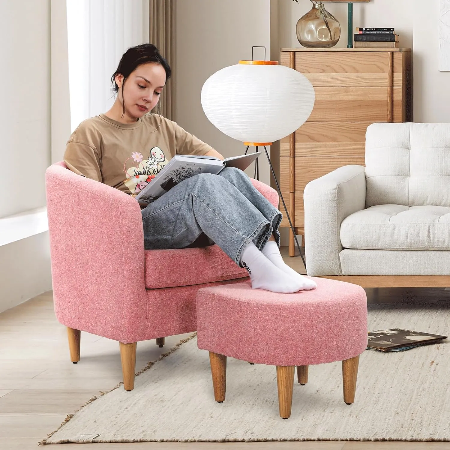 Athena Collection Modern Barrel Accent Chair with Ottoman, Furry Cozy Reading Arm Chair for Adults, Comfy Uphosltered Sofa Armchair with Footrest for Living Room, Bedroom, Small Space, Pink