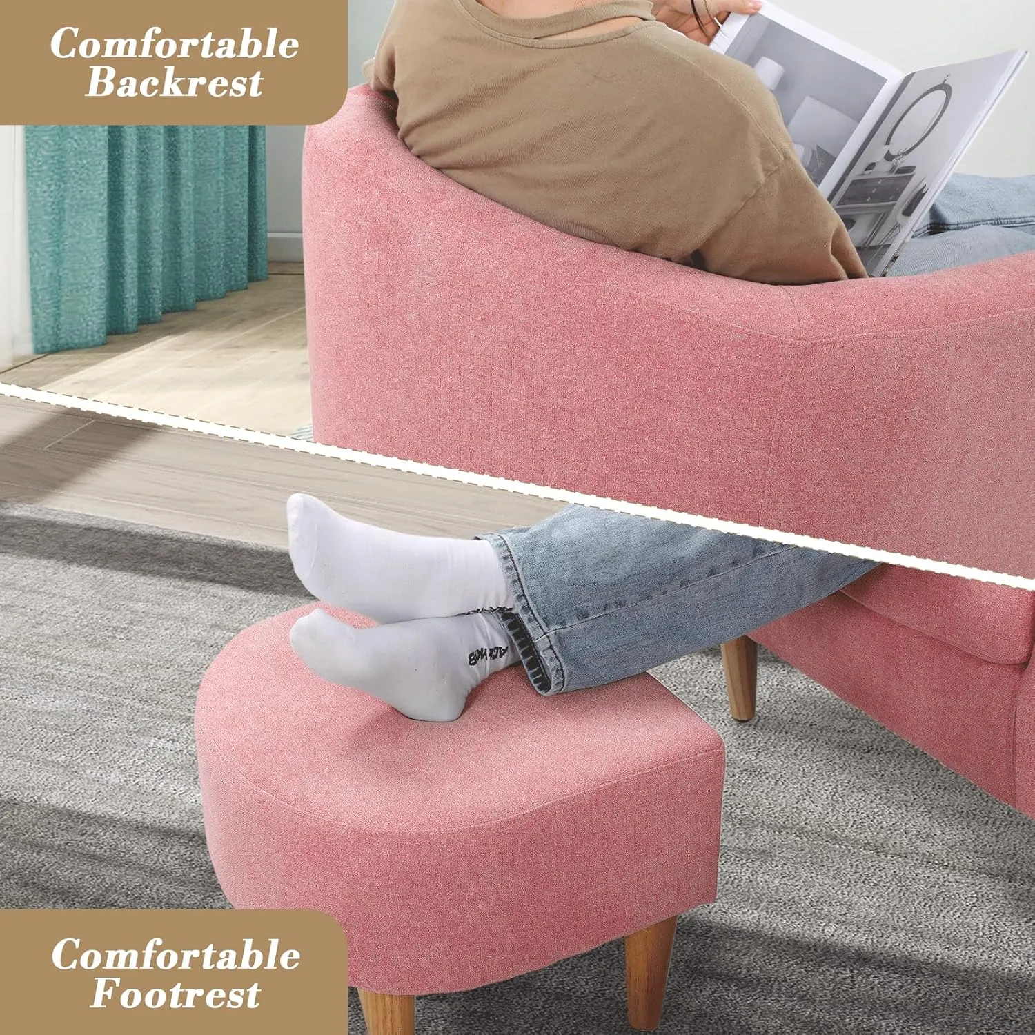 Athena Collection Modern Barrel Accent Chair with Ottoman, Furry Cozy Reading Arm Chair for Adults, Comfy Uphosltered Sofa Armchair with Footrest for Living Room, Bedroom, Small Space, Pink