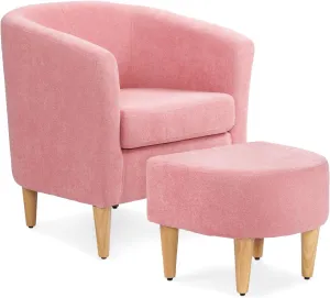 Athena Collection Modern Barrel Accent Chair with Ottoman, Furry Cozy Reading Arm Chair for Adults, Comfy Uphosltered Sofa Armchair with Footrest for Living Room, Bedroom, Small Space, Pink