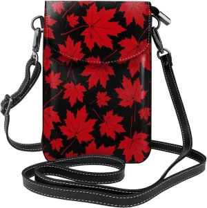 Autumn Red Maple Leaf Small Crossbody Bags for Women Travel Cell Phone Pouch PU Leather Cross Body Bag Adjustable Shoulder Strap Phone Purses Lightweight Wallet Purse with Credit Card Slots