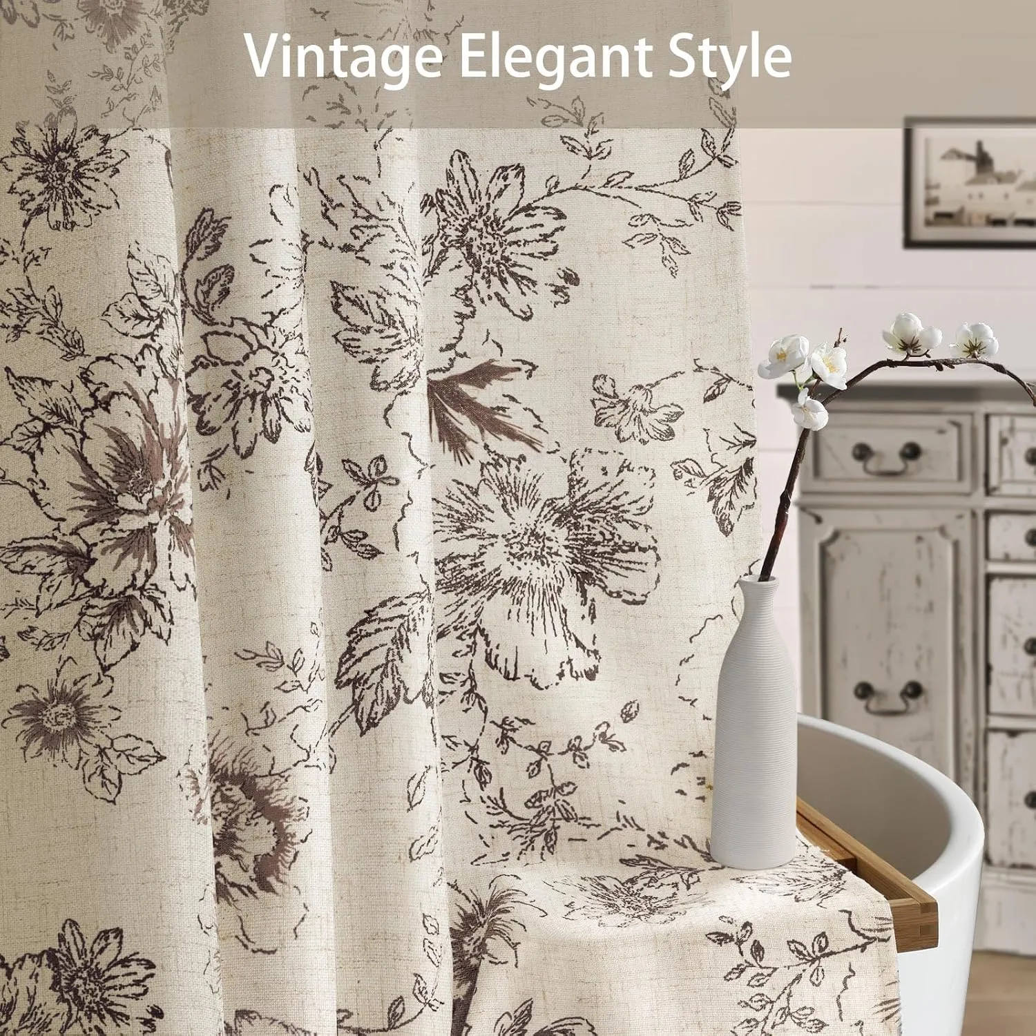 Awellife Farmhouse Vintage Shower Curtain Brown Pattern Floral Linen Rustic Tattoo Shower Curtains for Bathroom, Tan Taupe, 72 Wx72 L