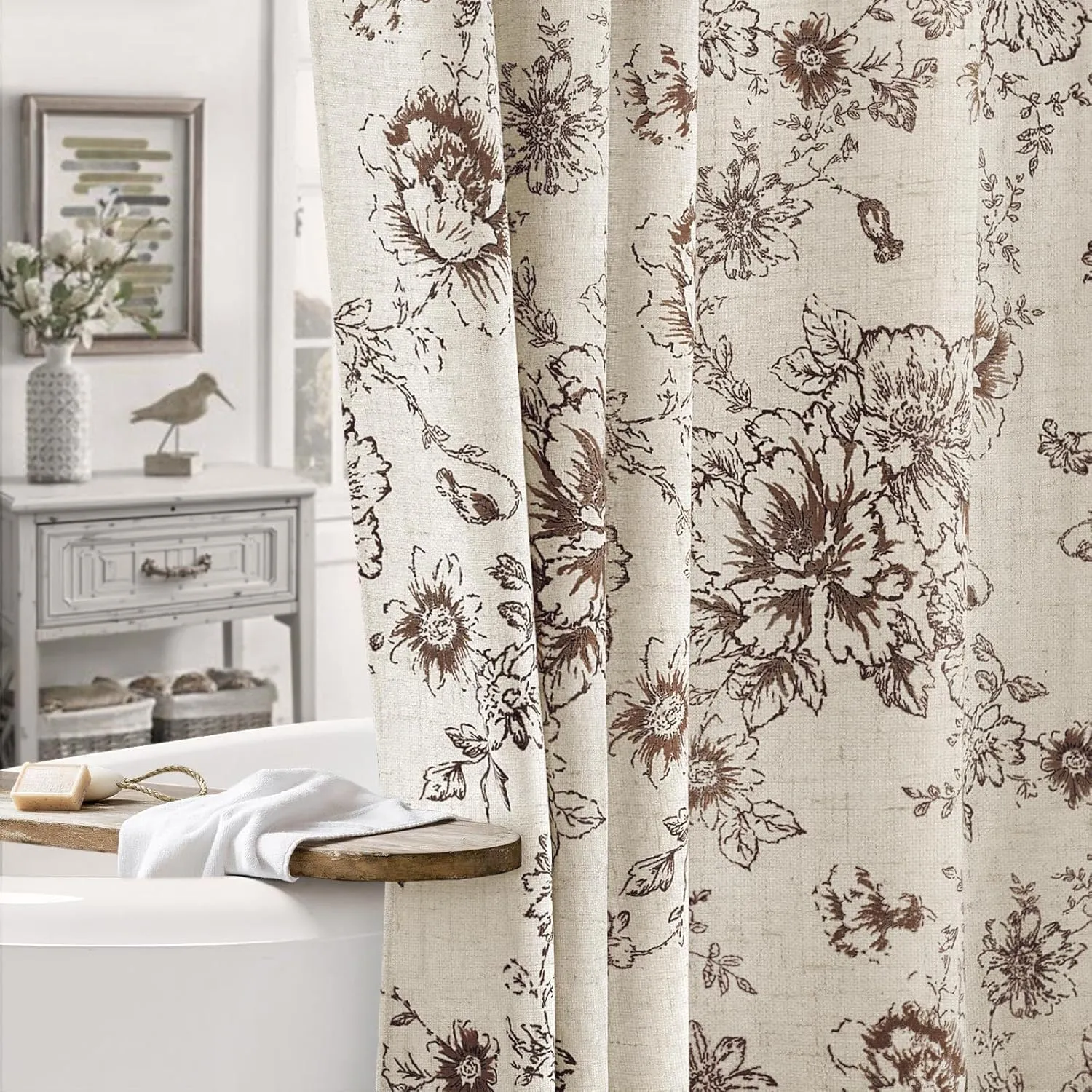 Awellife Farmhouse Vintage Shower Curtain Brown Pattern Floral Linen Rustic Tattoo Shower Curtains for Bathroom, Tan Taupe, 72 Wx72 L