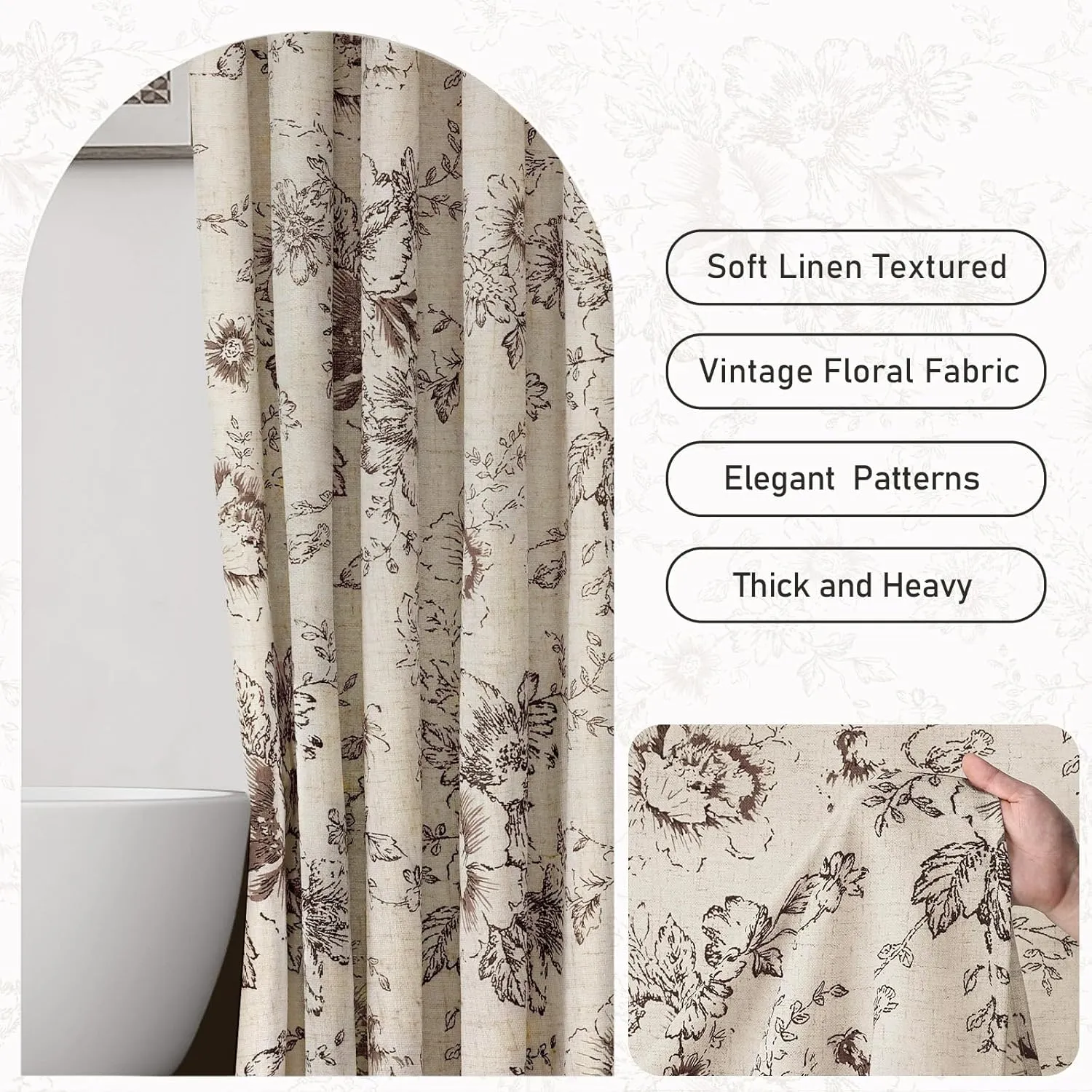 Awellife Farmhouse Vintage Shower Curtain Brown Pattern Floral Linen Rustic Tattoo Shower Curtains for Bathroom, Tan Taupe, 72 Wx72 L