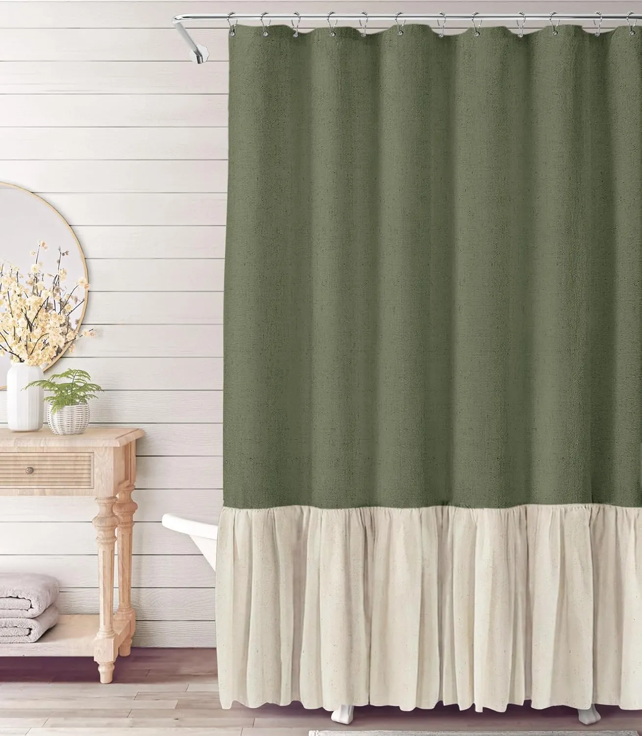 Awellife Ruffle Shower Curtain, Ruched Microfiber Vintage Handcrafted Bow Tie Bath Curtain for Master Bathroom, 72" W x 72" H Green