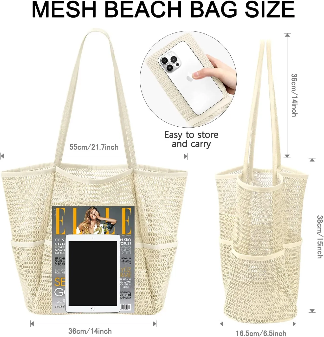 Ayieyill Mesh Beach Bag Tote Bag for Women, Foldable Swim Large Beach Tote Bag with Zipper Pockets Waterproof Sandproof