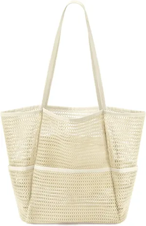 Ayieyill Mesh Beach Bag Tote Bag for Women, Foldable Swim Large Beach Tote Bag with Zipper Pockets Waterproof Sandproof