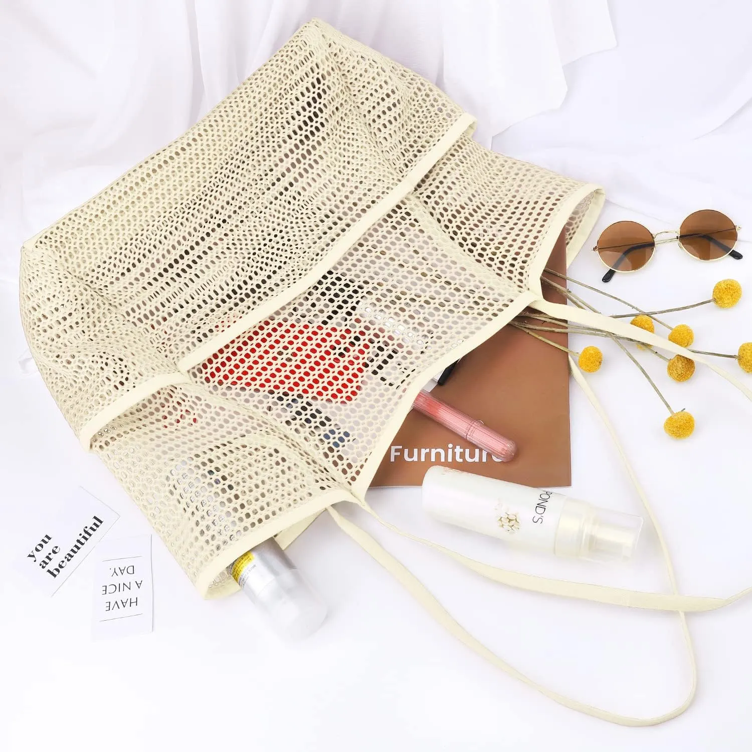 Ayieyill Mesh Beach Bag Tote Bag for Women, Foldable Swim Large Beach Tote Bag with Zipper Pockets Waterproof Sandproof