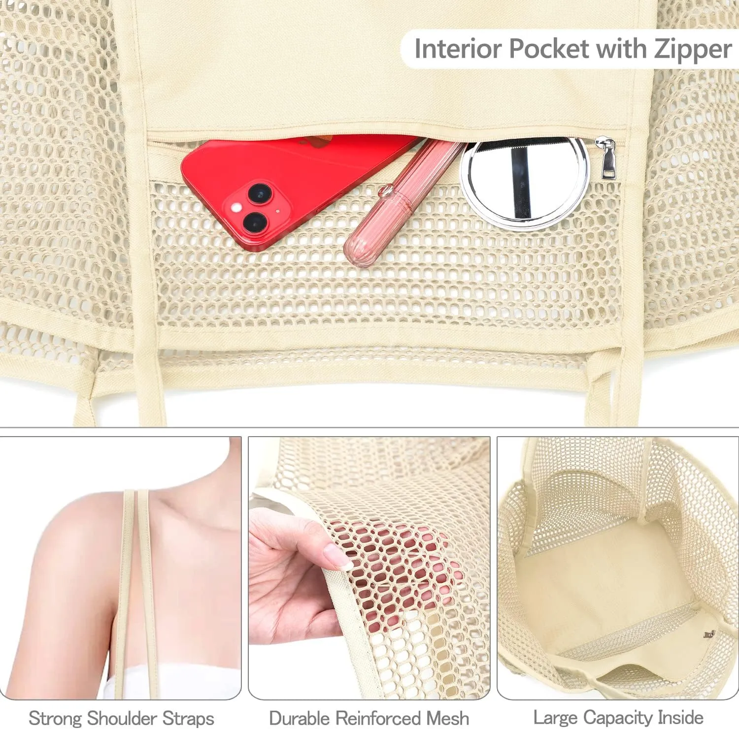 Ayieyill Mesh Beach Bag Tote Bag for Women, Foldable Swim Large Beach Tote Bag with Zipper Pockets Waterproof Sandproof