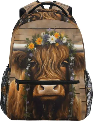 Backpack Brown Cow Garland Retro Daypack Shoulder Bag Book Bag Lightweight Back Pack 11.4 ×16 In