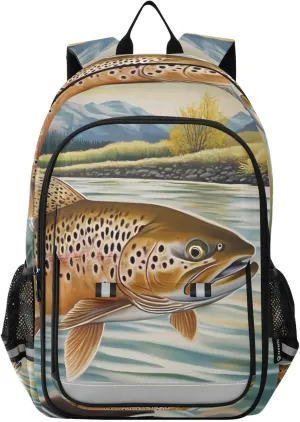Backpack Retro Trout River Travel Laptop Daypack Shoulder Bag Book Bag Daypack with Reflective Strip 12.9 ×17.7 In
