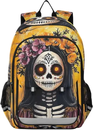 Backpack Sugar Skeleton Garland Halloween Travel Laptop Daypack Shoulder Bag Book Bag Daypack with Reflective Strip 12.9 ×17.7 In