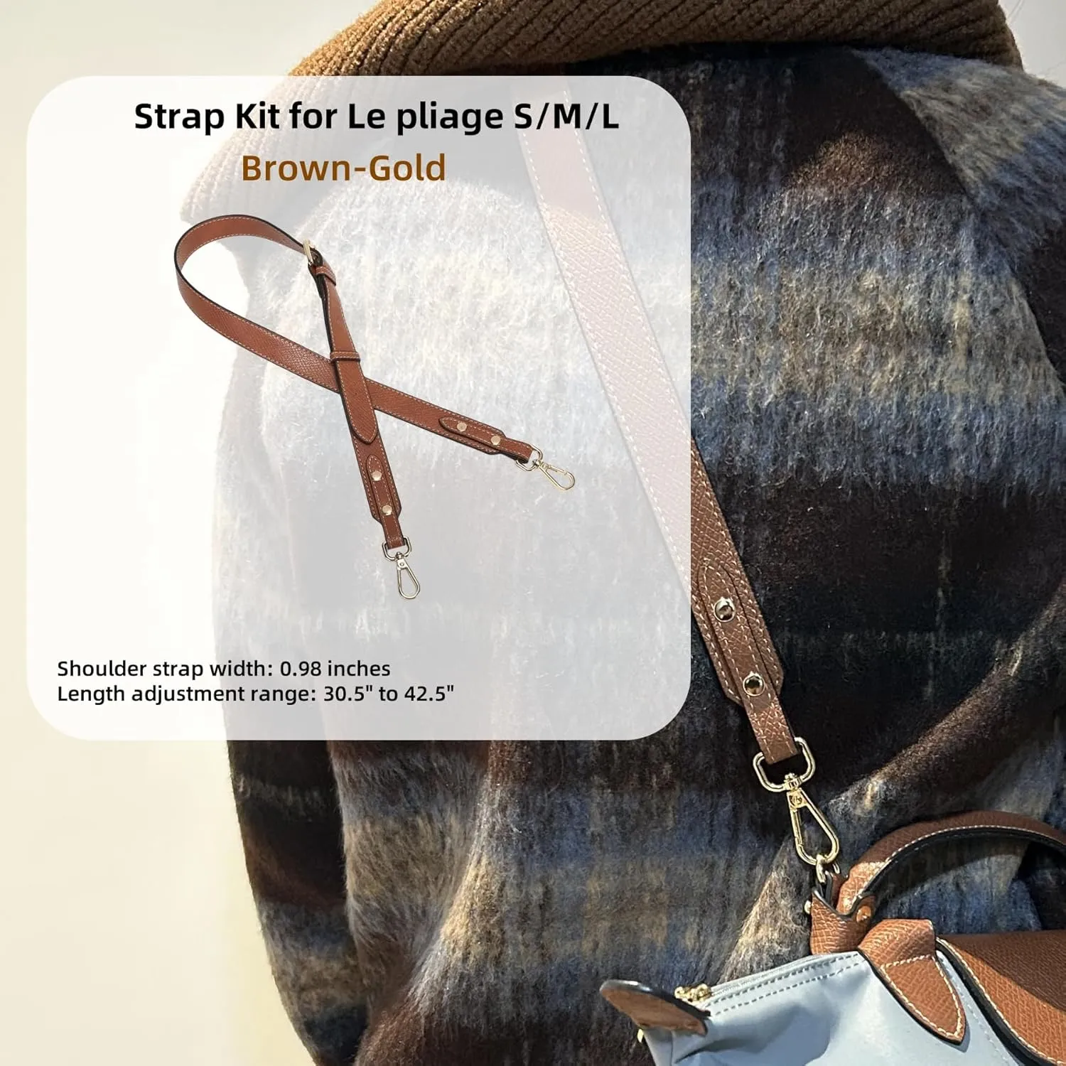 Bag Strap Compatible with L.ongchamp LePliage Handbag, Crossbody Leather Purse Replacement Strap, Adjustable Straps Fit for Le Pliage S/M/L Handbag, Comes with Gift Box Packaging(Brown-Gold)
