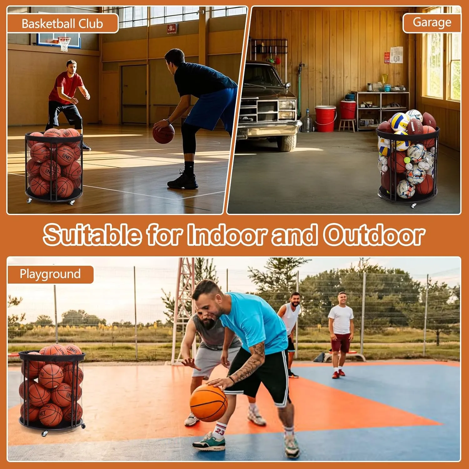 Ball Storage Bin for Garage, Balls Holder for Soccer, Basketball, Ball Cart, Rolling Basketball Rack for Outdoor, Indoor