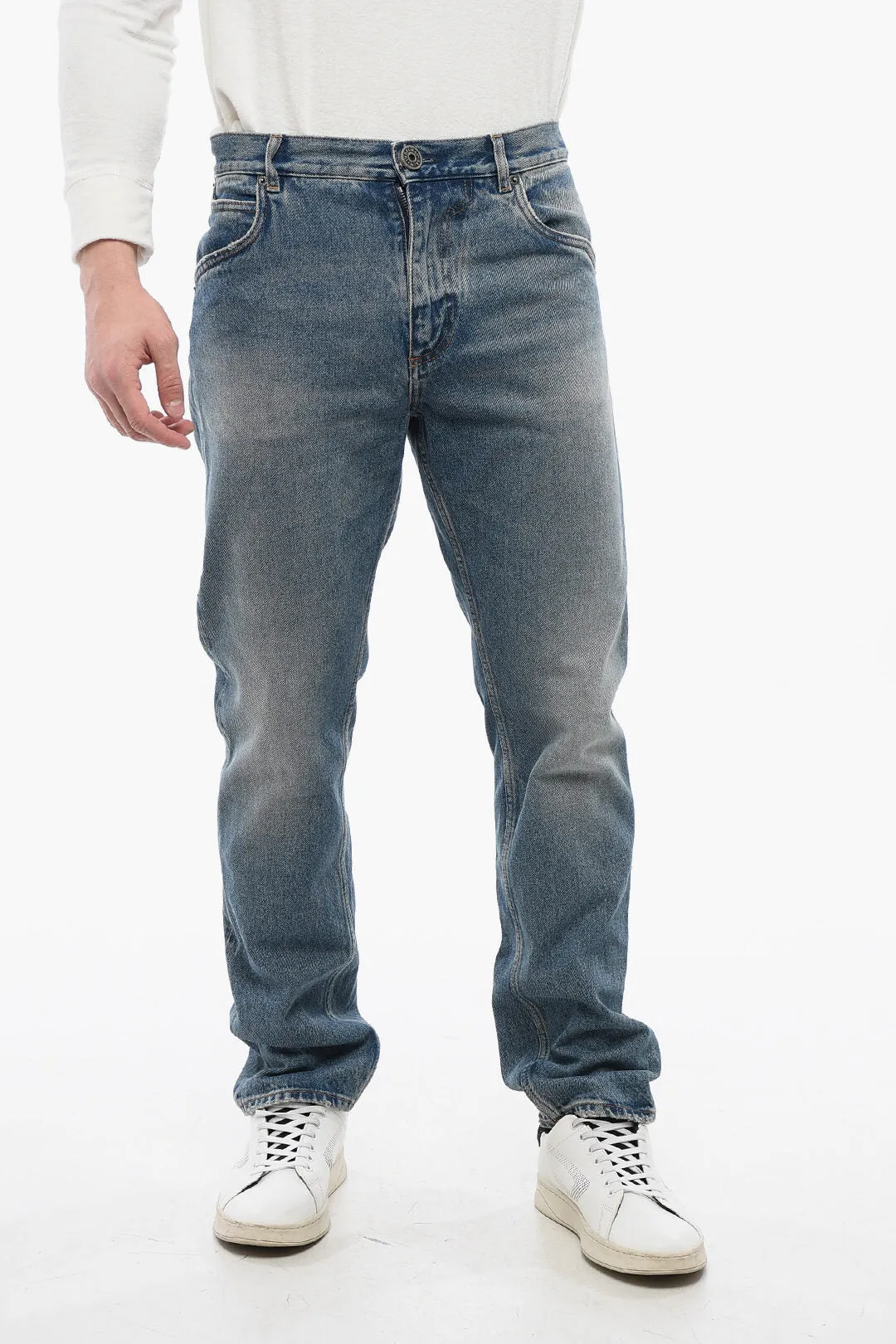 Balmain Distressed Straight Denims with Light Wash