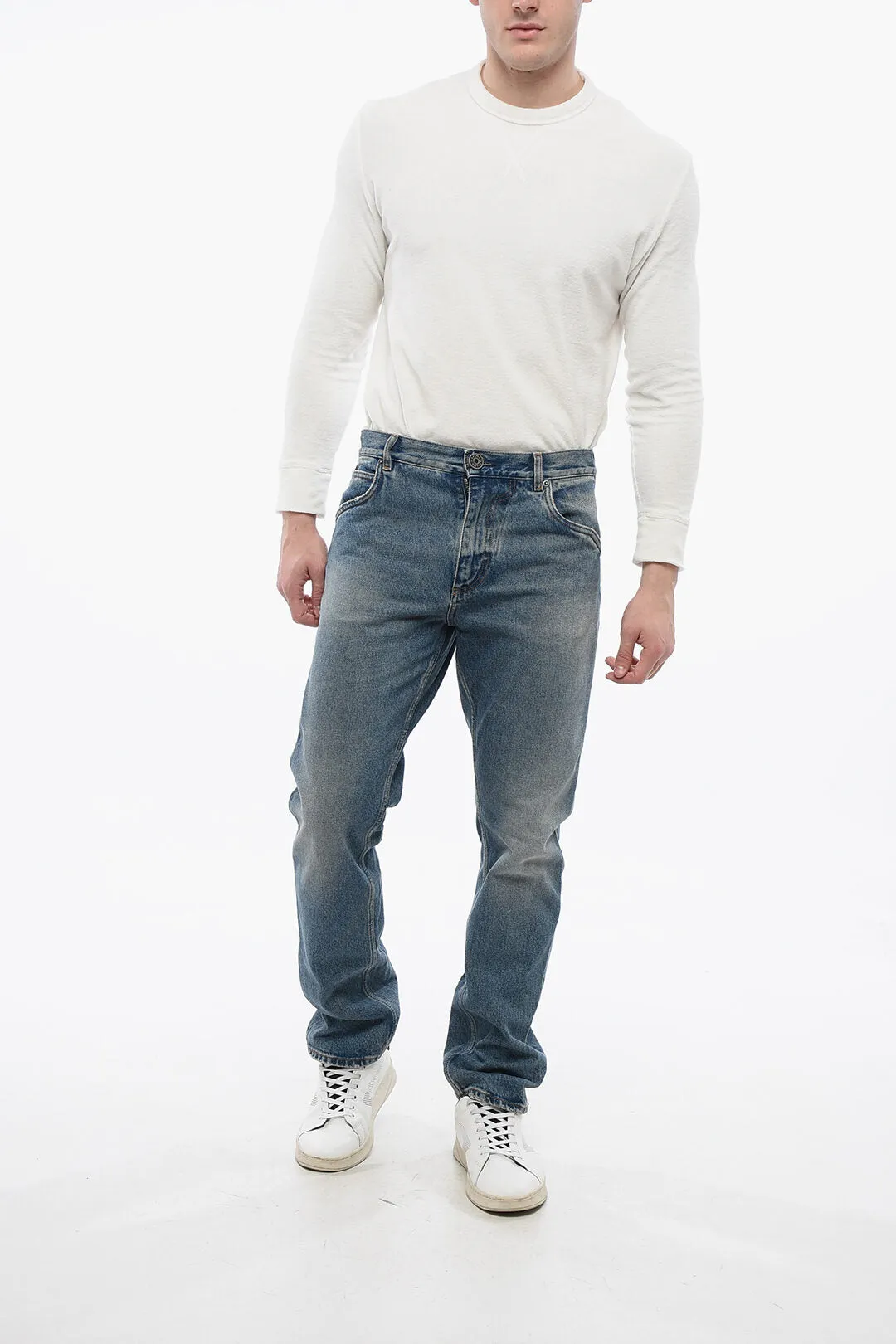 Balmain Distressed Straight Denims with Light Wash