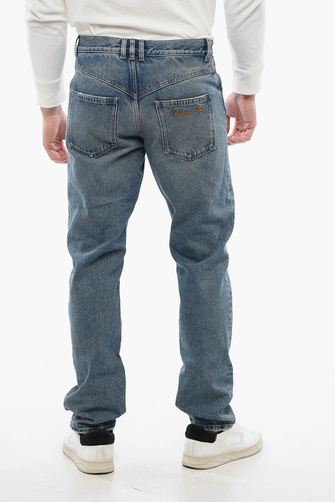 Balmain Distressed Straight Denims with Light Wash