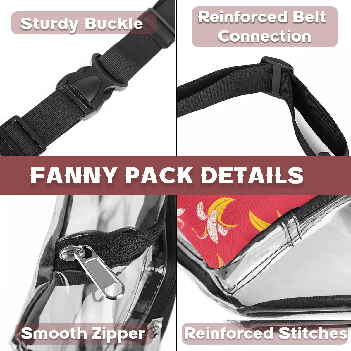 Banana Fruit Pattern Clear Fanny Pack Stadium Approved Clear Crossbody Belt Bag for Women Men Transparent Waist Bag with Adjustable Strap for Concerts Sports Events Travel