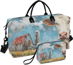 Barn Cow Rustic Vintage Duffle Bag for Travel, Gym Bag with Multiple Interior Pockets for Men Women Overnight Purse Included 20.5 x 1.9 x 13.8 In
