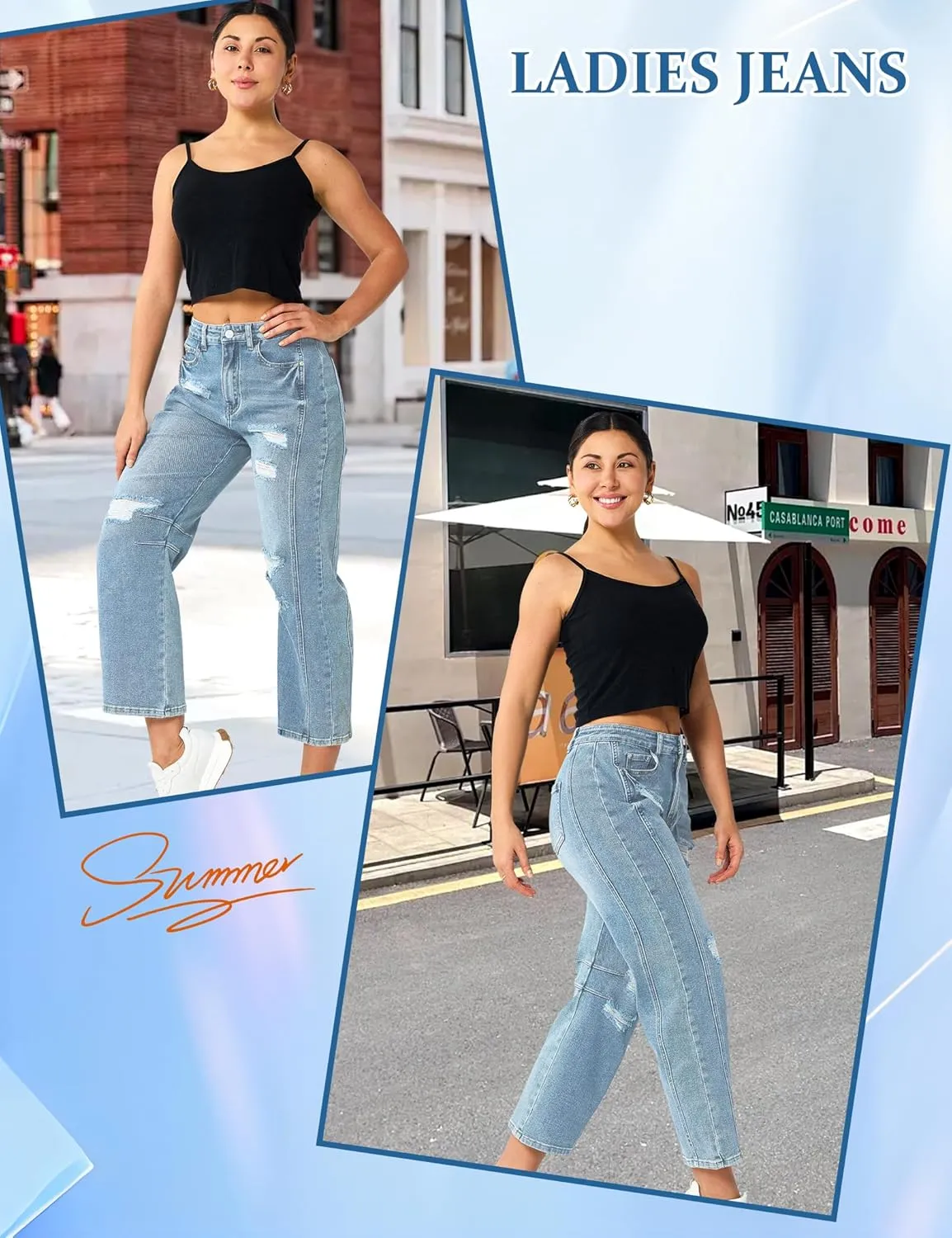 Barrel Jeans Women Stretchy Fabric & Ripped Style Wide Leg Ankle Pants, Suit for Midsize Woman Everyday Casual
