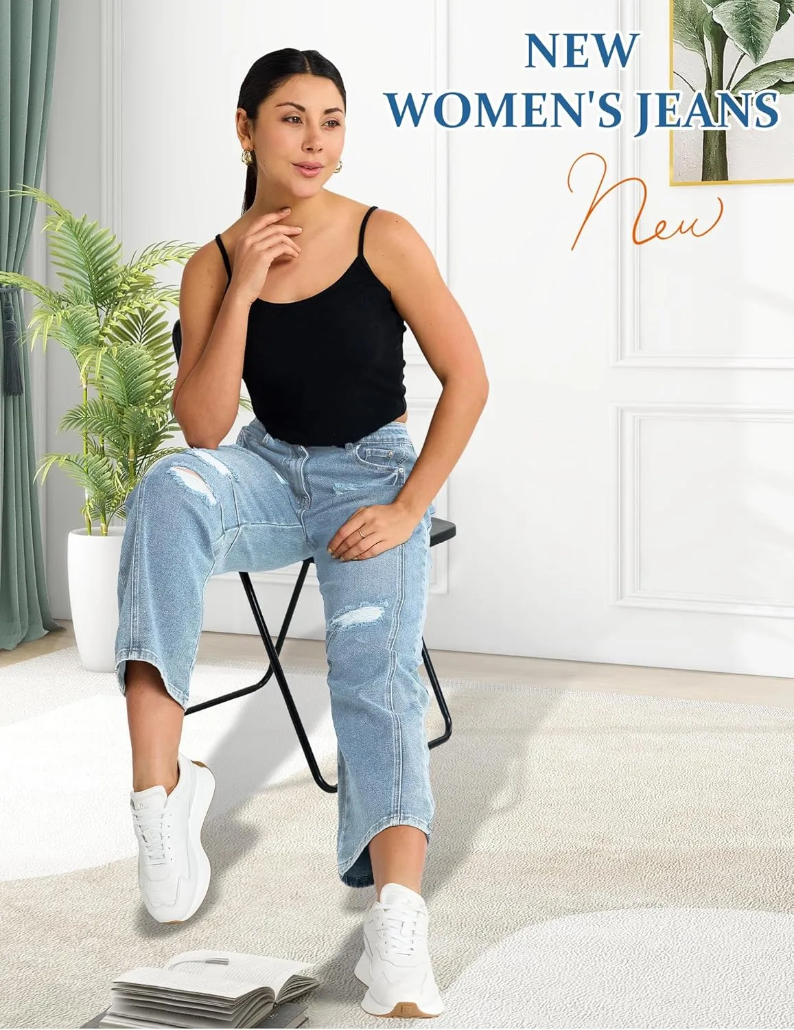 Barrel Jeans Women Stretchy Fabric & Ripped Style Wide Leg Ankle Pants, Suit for Midsize Woman Everyday Casual