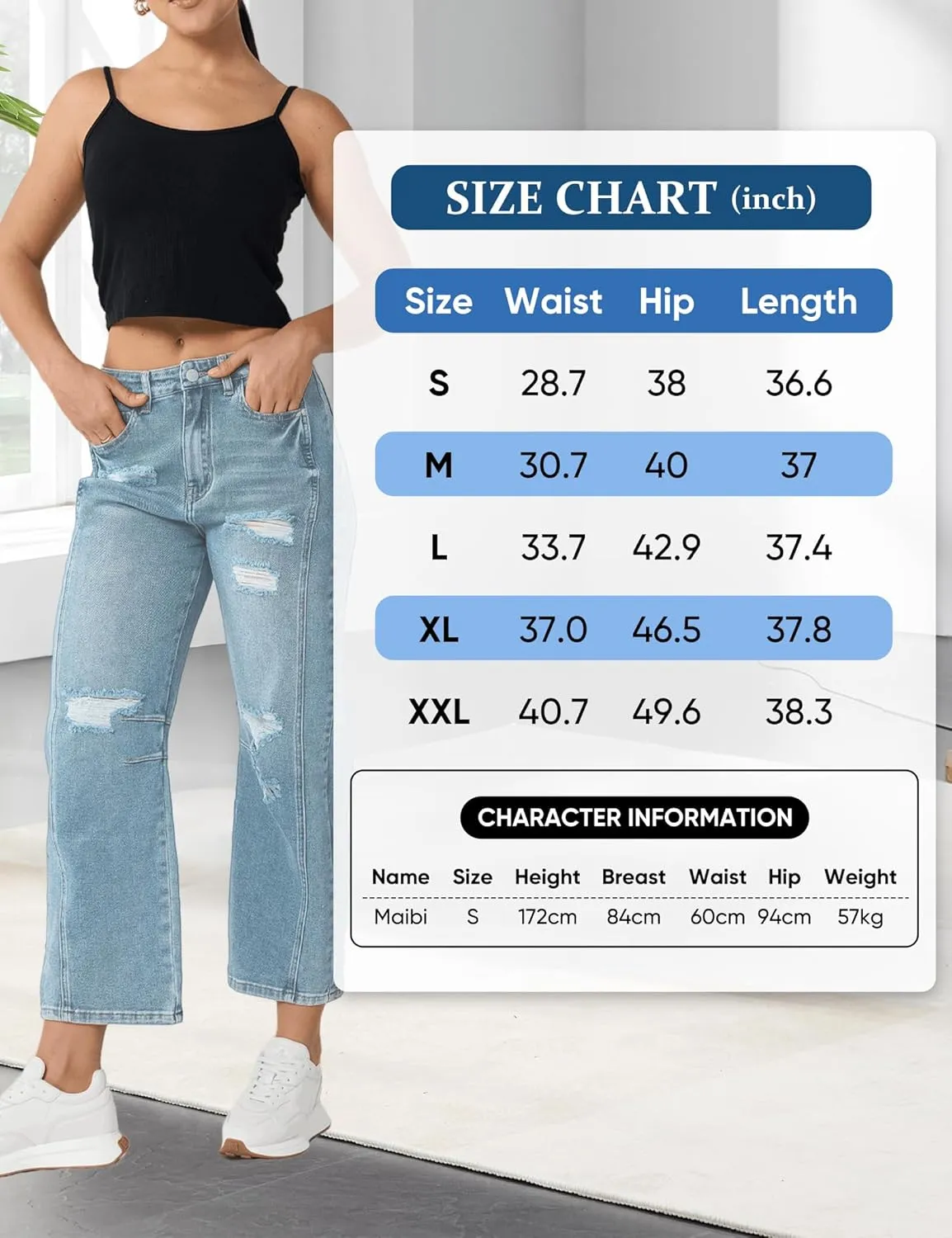 Barrel Jeans Women Stretchy Fabric & Ripped Style Wide Leg Ankle Pants, Suit for Midsize Woman Everyday Casual