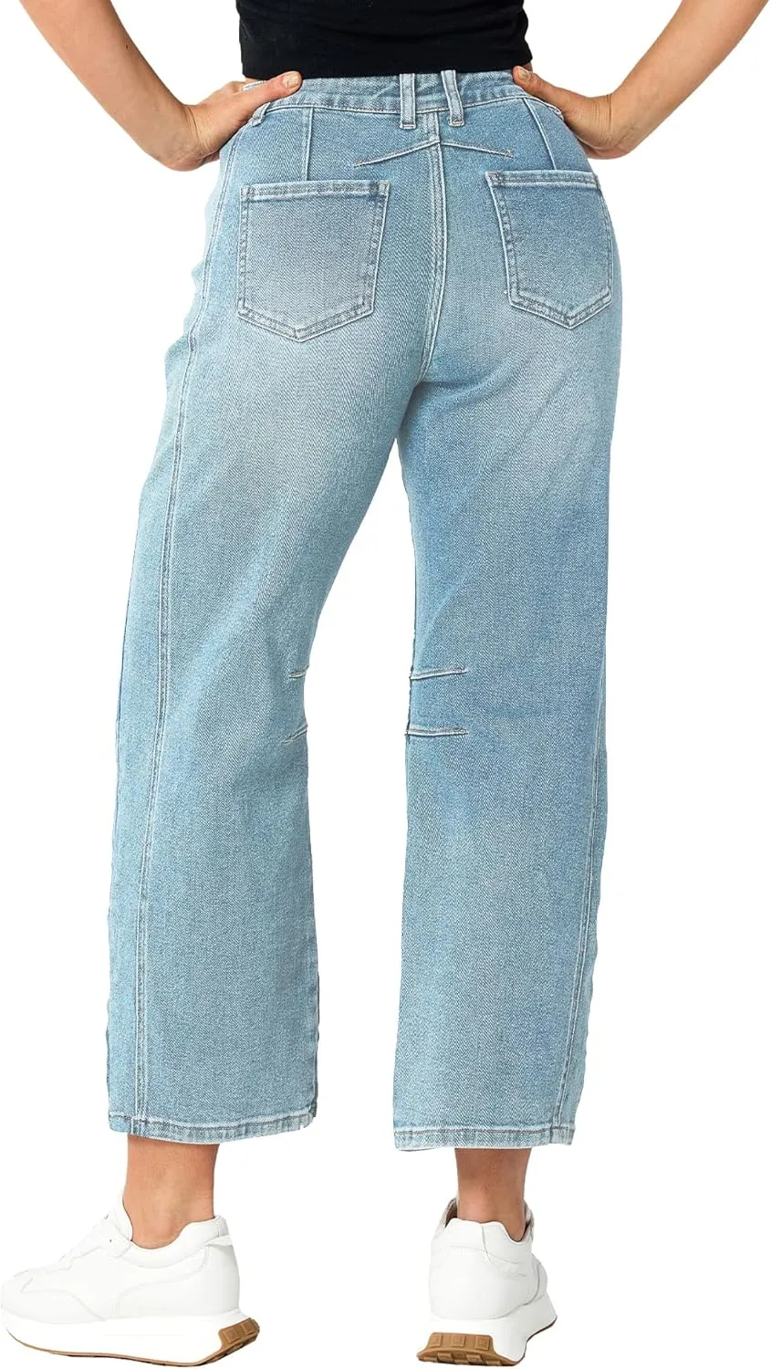 Barrel Jeans Women Stretchy Fabric & Ripped Style Wide Leg Ankle Pants, Suit for Midsize Woman Everyday Casual