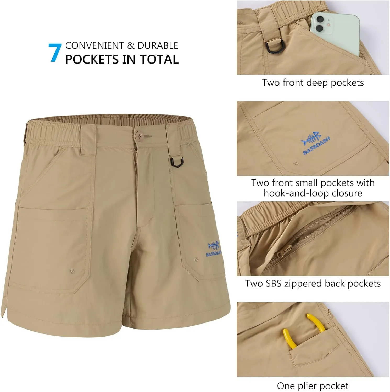 BASSDASH Youth 5" Fishing Shorts UPF 50  Water Resistant Quick Dry Boys Girls Hiking Cargo Shorts with Pockets FP03Y