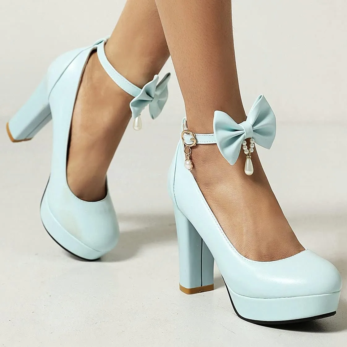BEAUPAS Women's Platform High Heels Ankle Strap Chunky Heel Pumps Bows Buckle Cute Shoes