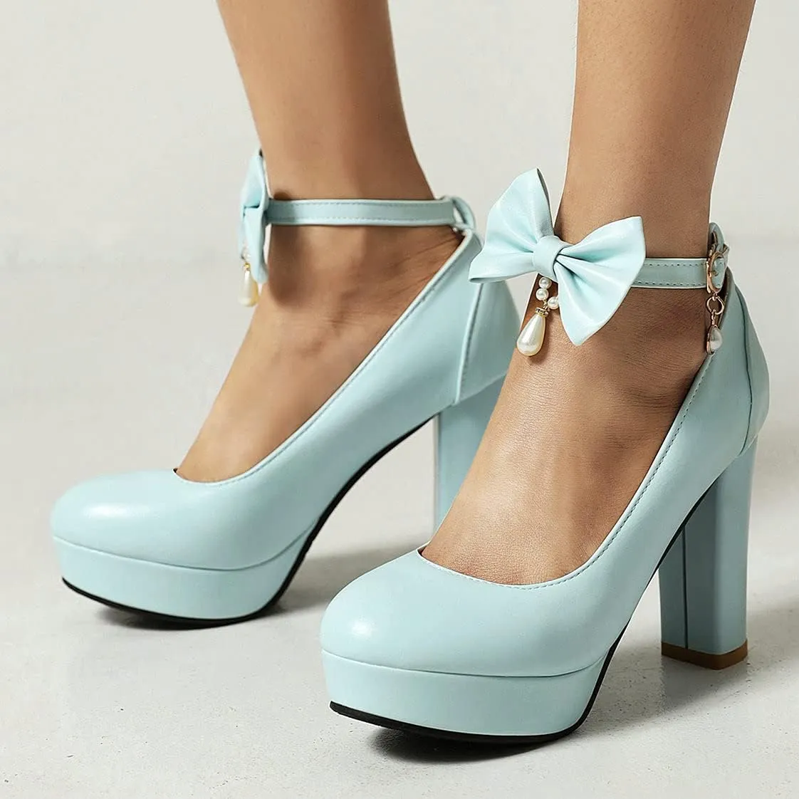 BEAUPAS Women's Platform High Heels Ankle Strap Chunky Heel Pumps Bows Buckle Cute Shoes