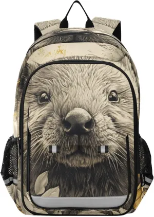 Beaver Flower Cute Backpack Travel Laptop Daypack Shoulder Bag Book Bag Daypack with Reflective Strip 12.9 ×17.7 Inches