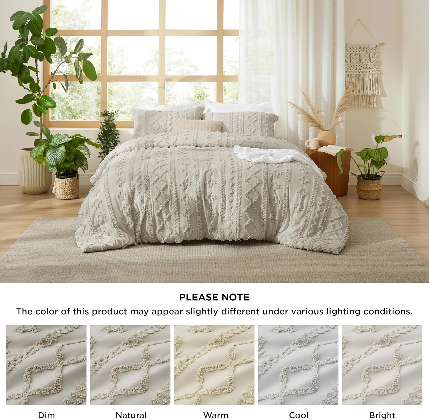 Bedsure Tufted Boho Comforter Set Oversized Queen - Linen Boho Bed Set, GentleSoft™ 3 Pieces Farmhouse Shabby Chic Embroidery Bedding, Gifts for Woman, Soft Jacquard Comforter for All Seasons