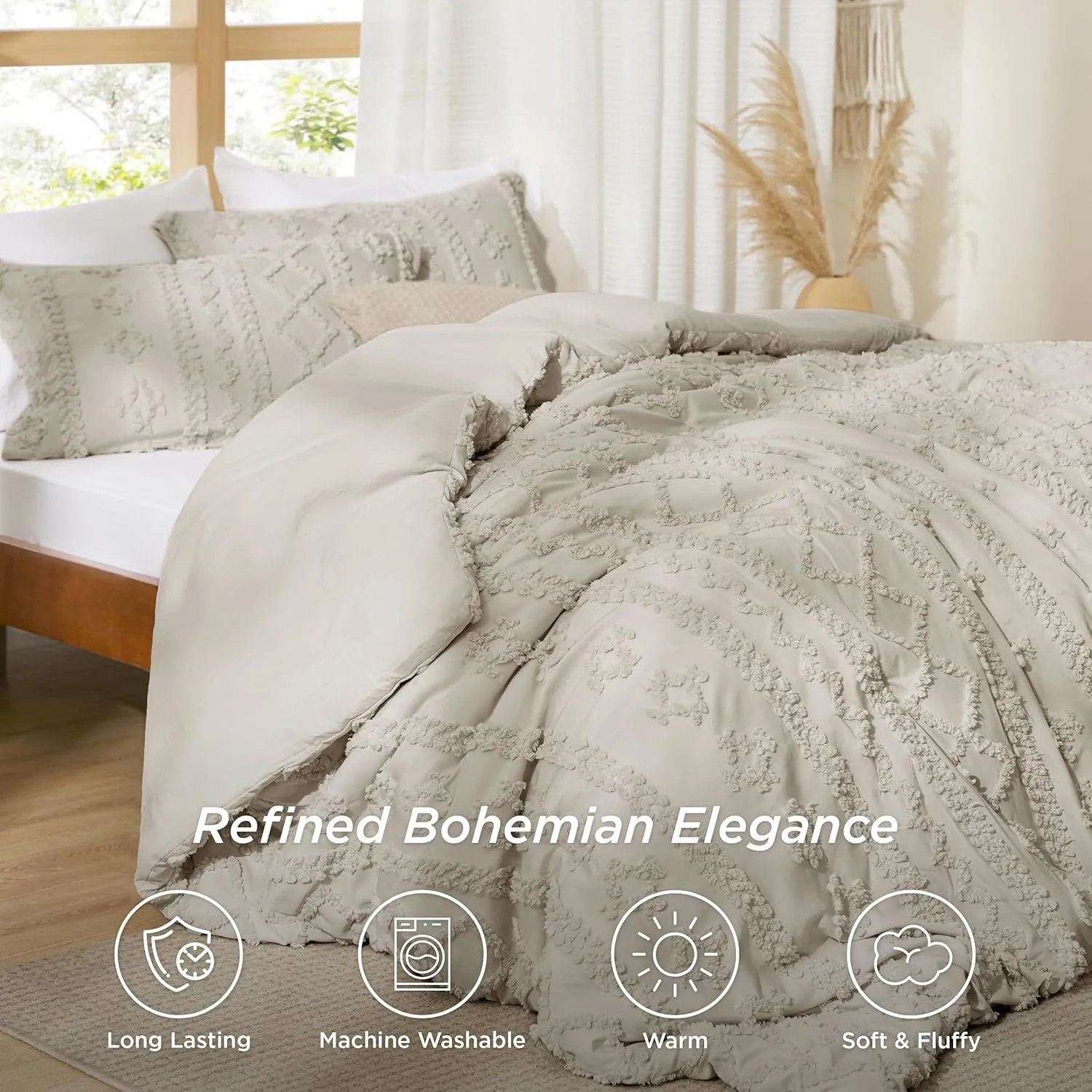Bedsure Tufted Boho Comforter Set Oversized Queen - Linen Boho Bed Set, GentleSoft™ 3 Pieces Farmhouse Shabby Chic Embroidery Bedding, Gifts for Woman, Soft Jacquard Comforter for All Seasons