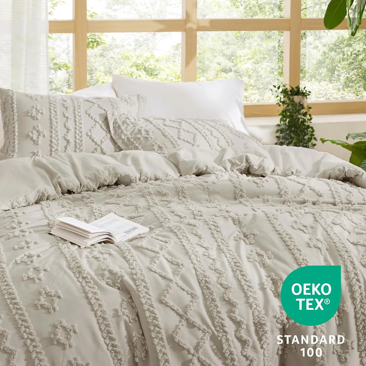Bedsure Tufted Boho Comforter Set Oversized Queen - Linen Boho Bed Set, GentleSoft™ 3 Pieces Farmhouse Shabby Chic Embroidery Bedding, Gifts for Woman, Soft Jacquard Comforter for All Seasons