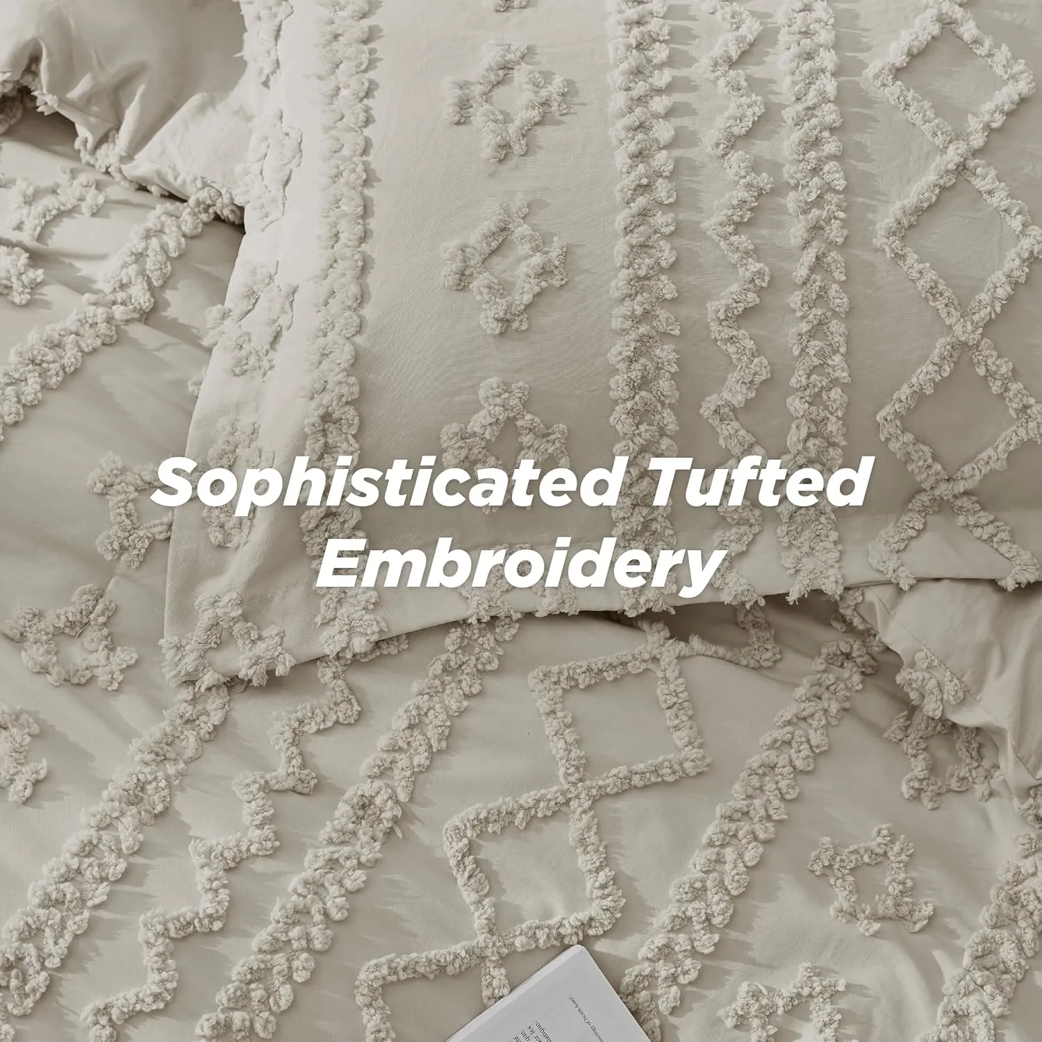 Bedsure Tufted Boho Comforter Set Oversized Queen - Linen Boho Bed Set, GentleSoft™ 3 Pieces Farmhouse Shabby Chic Embroidery Bedding, Gifts for Woman, Soft Jacquard Comforter for All Seasons