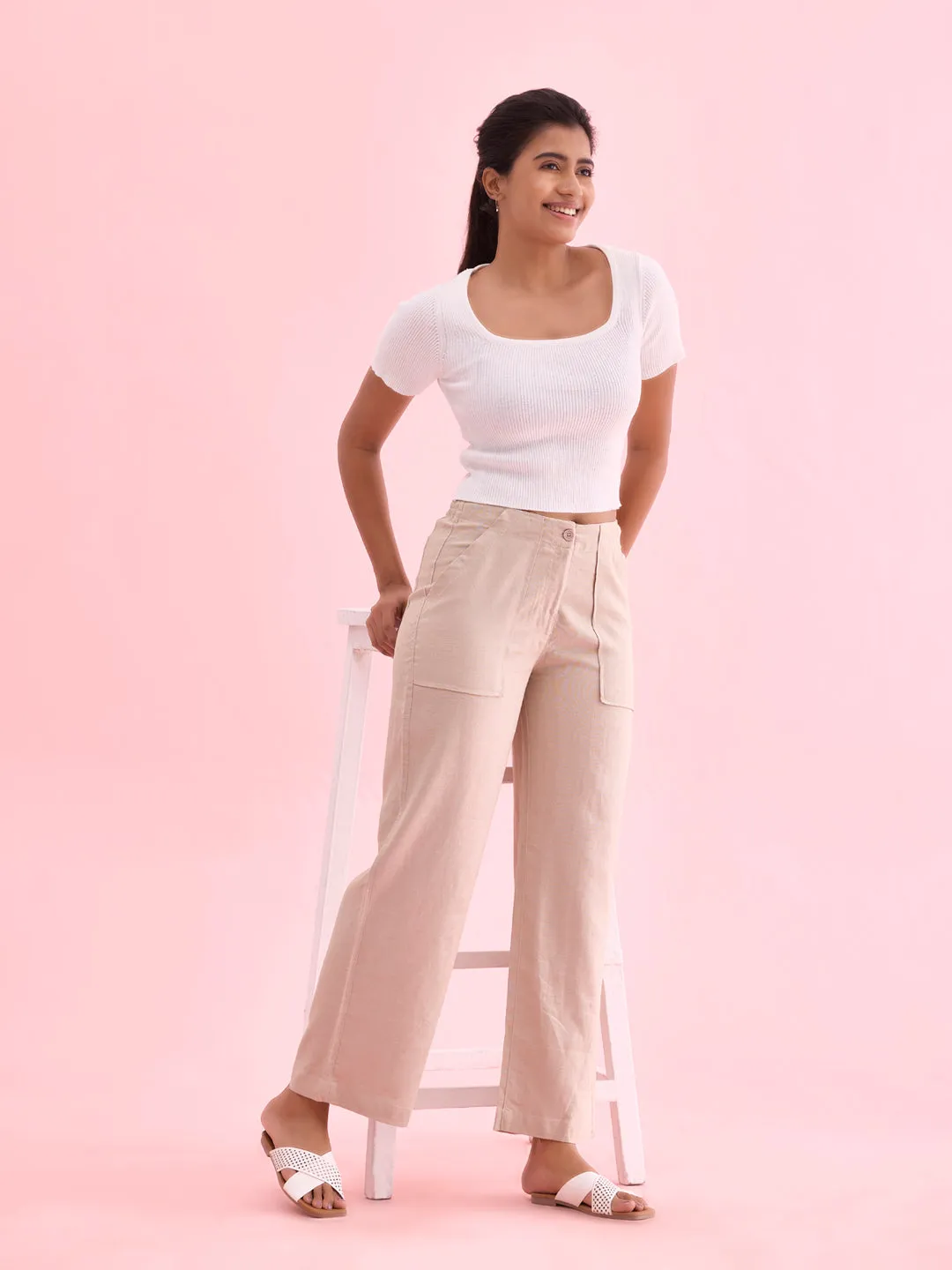 Beige Linen Cargo Pants