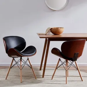 BELLEZE Set of 2 Mid Century Modern Dining Chairs, Upholstered Faux Leather Walnut Curved Back Contemporary Kitchen Dining Accent Chair, Minimalist Vintage Style - Avalon (Black)