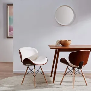 BELLEZE Set of 2 Mid Century Modern Dining Chairs, Upholstered Faux Leather Walnut Curved Back Contemporary Kitchen Dining Accent Chair, Minimalist Vintage Style - Avalon (White)