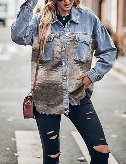Bengbobar Women's Aztec Denim Jacket Distressed Lapel Long Sleeve Vintage Button Down Denim Jacket Shacket