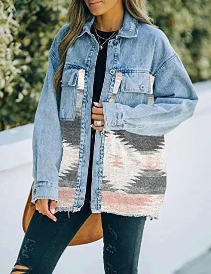 Bengbobar Women's Aztec Denim Jacket Distressed Lapel Long Sleeve Vintage Button Down Denim Jacket Shacket