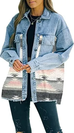 Bengbobar Women's Aztec Denim Jacket Distressed Lapel Long Sleeve Vintage Button Down Denim Jacket Shacket