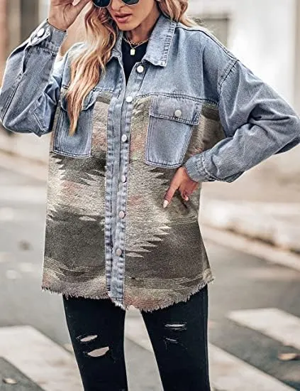 Bengbobar Women's Aztec Denim Jacket Distressed Lapel Long Sleeve Vintage Button Down Denim Jacket Shacket