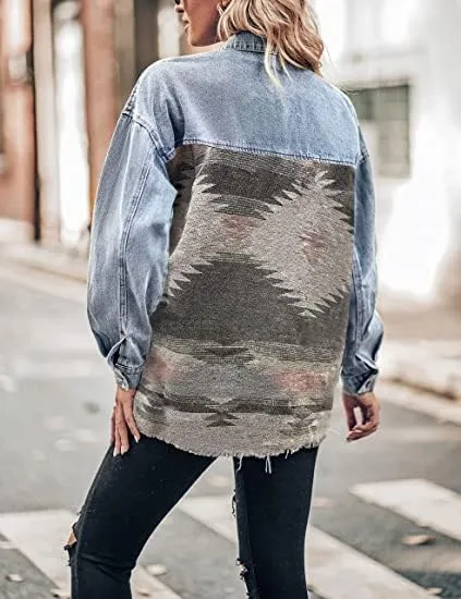 Bengbobar Women's Aztec Denim Jacket Distressed Lapel Long Sleeve Vintage Button Down Denim Jacket Shacket